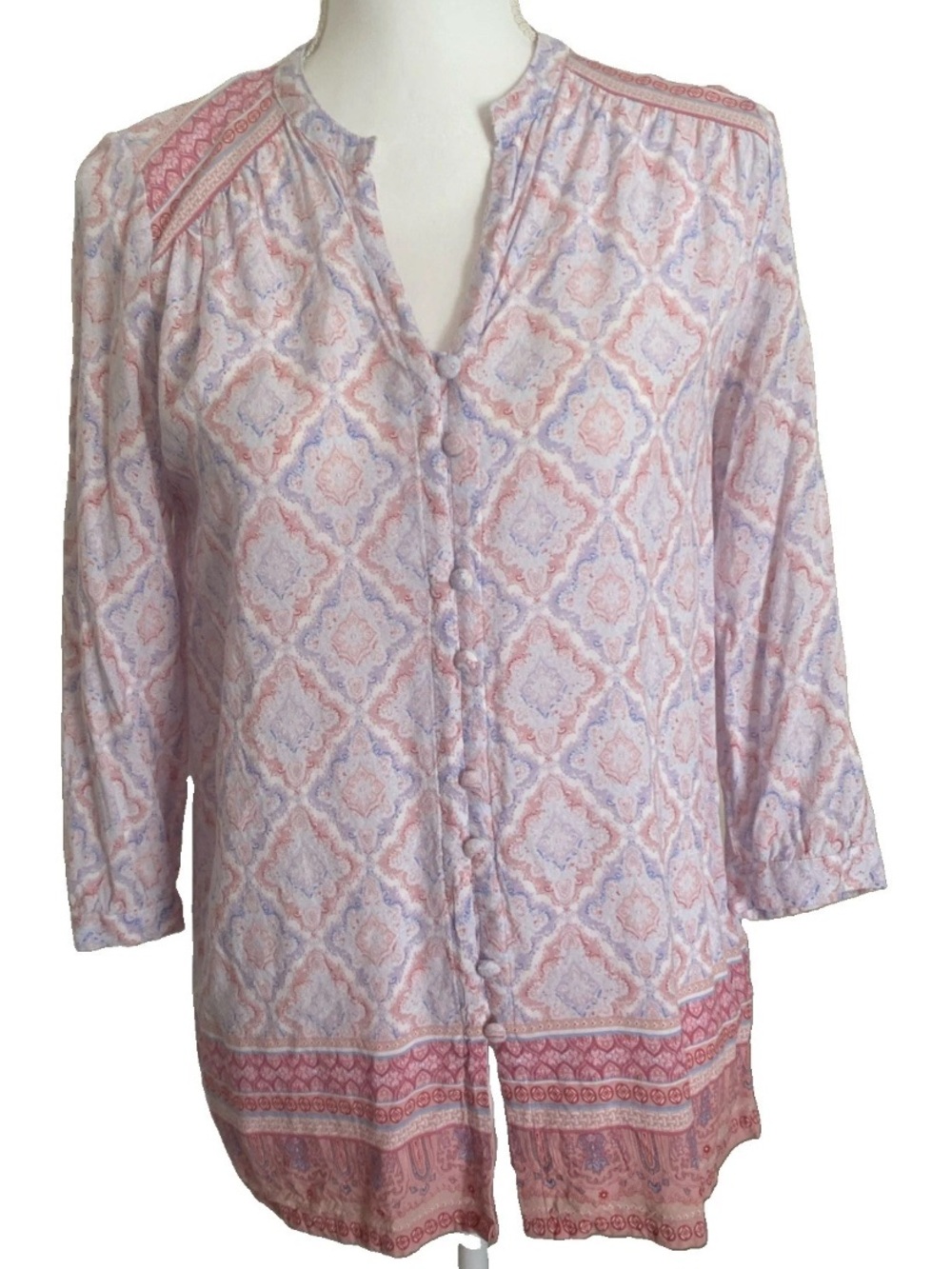 Artisan Ny Pink and Lavender Printed Button-Front Blouse